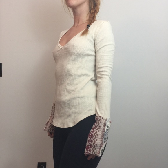 We The Free Ivory Red Sweater Cuff Thermal Shirt - Picture 7 of 8